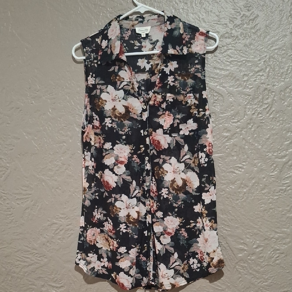 Siren Lily Wome's Pink and Orange Sleeveless Blouse Notched Collar Size XL